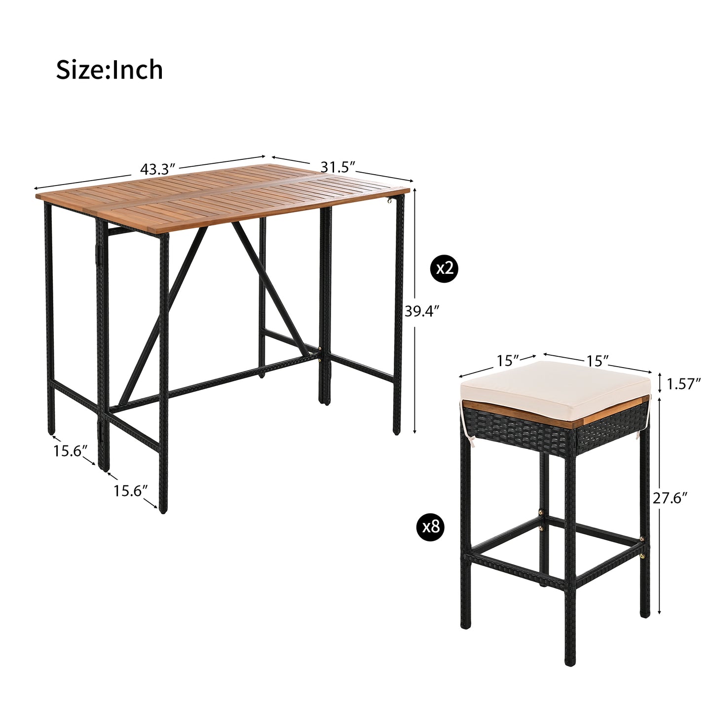 GO Table de bar d'extérieur en bois d'acacia 10 pièces et huit tabourets avec coussins, table de salle à manger de jardin en rotin PE, plateau pliable, ensemble bistro de salle à manger haute, meubles de patio toutes saisons, marron