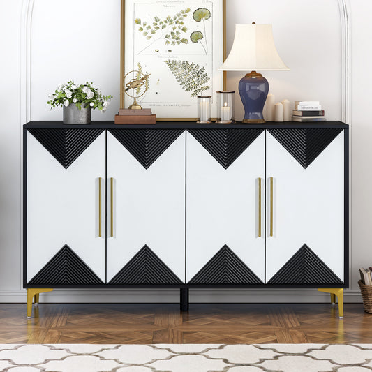 Unique Features of a Four-Door Cabinet with Two-Tone Triangular Pattern Doors, Suitable For Entryway, Hallway, Living Room