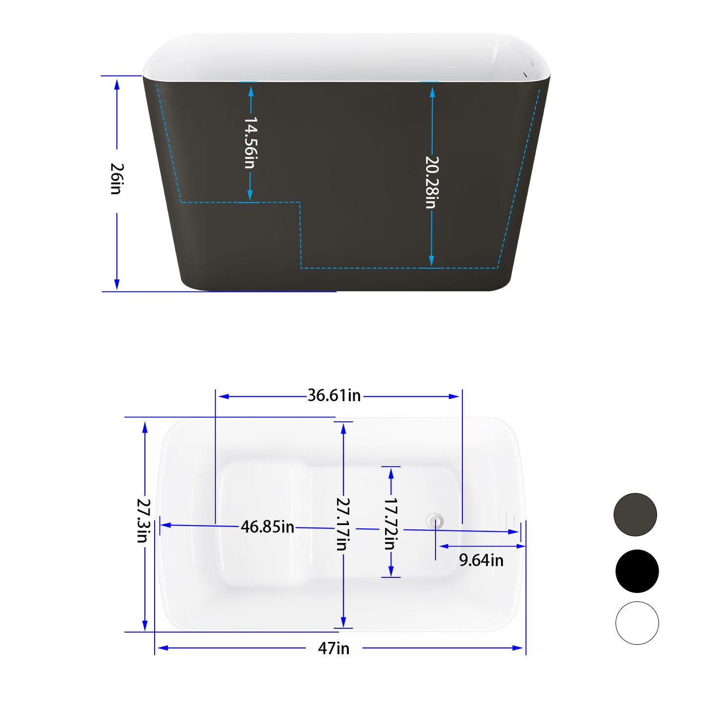 Luxury 47" Freestanding Acrylic Bathtub – White Interior with Gray Exterior, Perfect for Contemporary Spaces