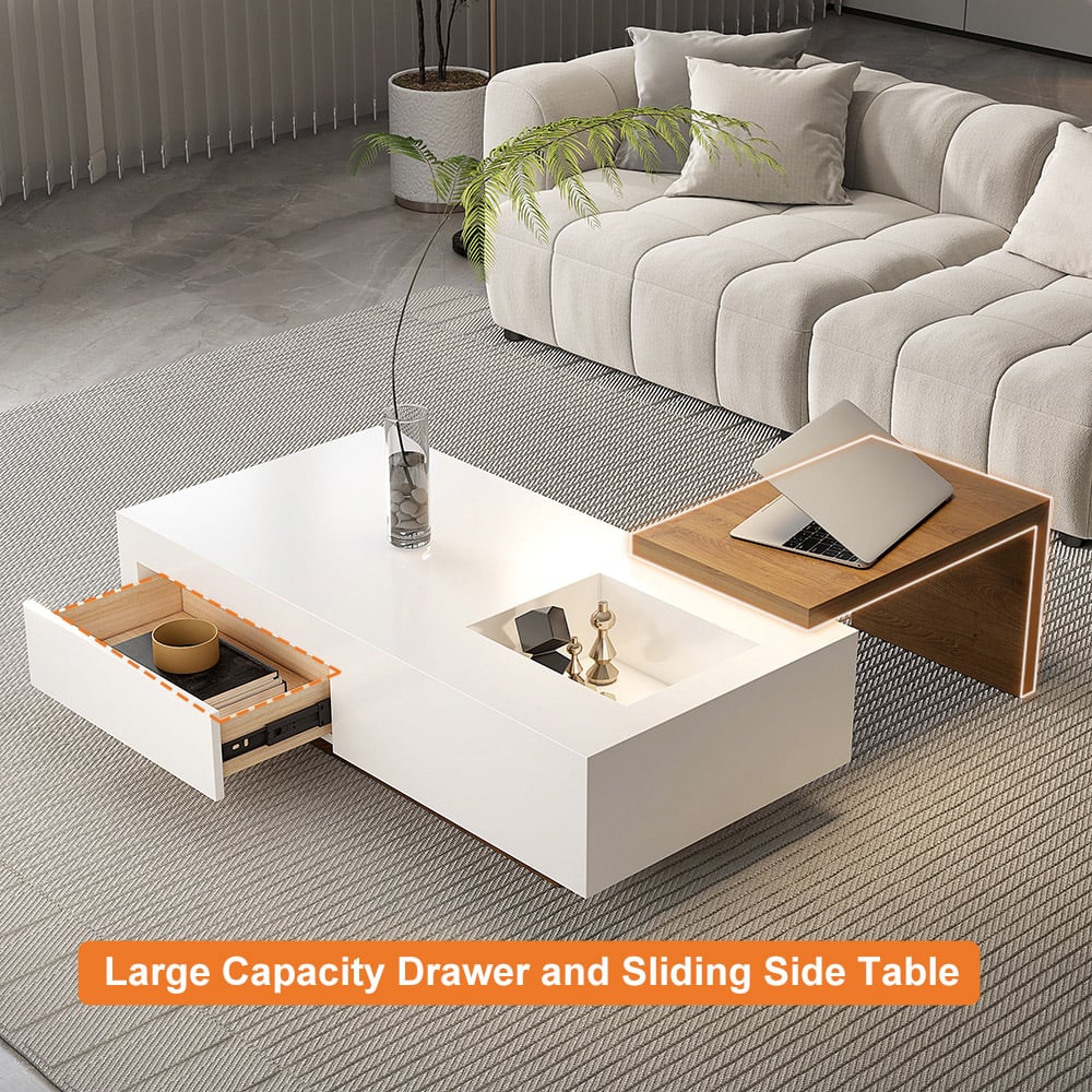 White & Natural Extendable Rectangle Coffee Table with Drawer & Sliding Storage