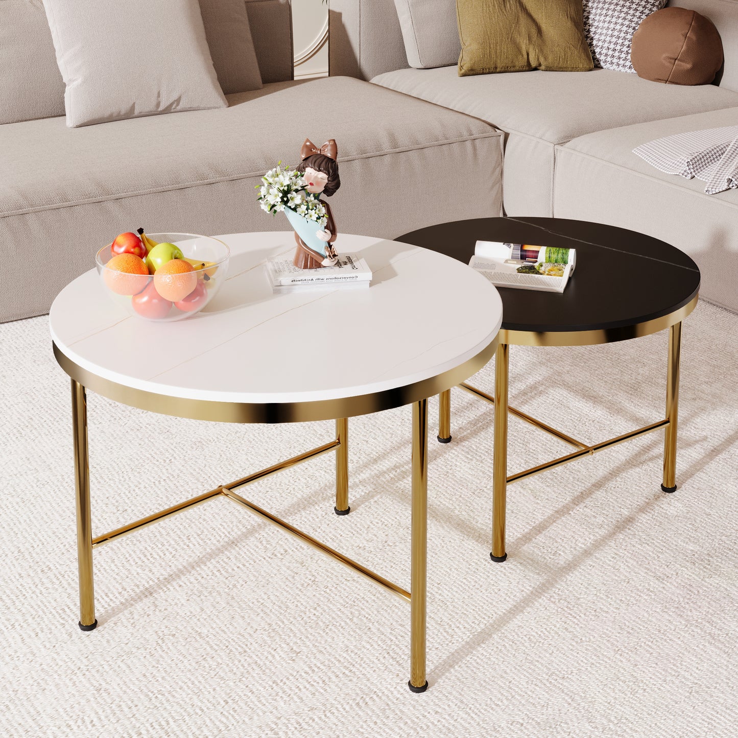 Modern Round Nesting Coffee Table Set 2-Piece Black & White Sintered Stone Top Gold Base in 23.6''&17.7''