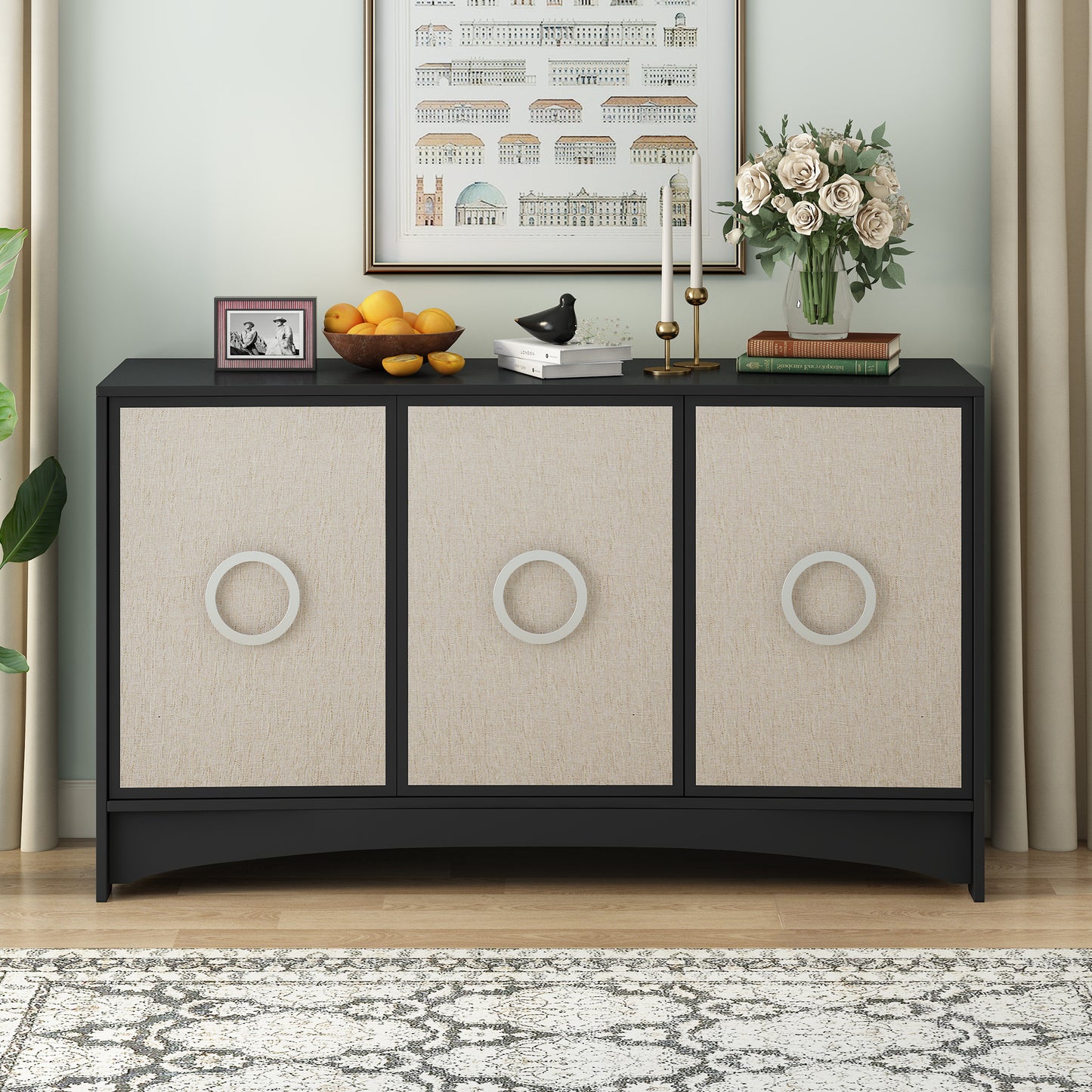 U_Style Curved Design Storage Cabinet with Three Doors and Adjustable shelves, Suitable for Corridors, Entrances, Living rooms, and Study