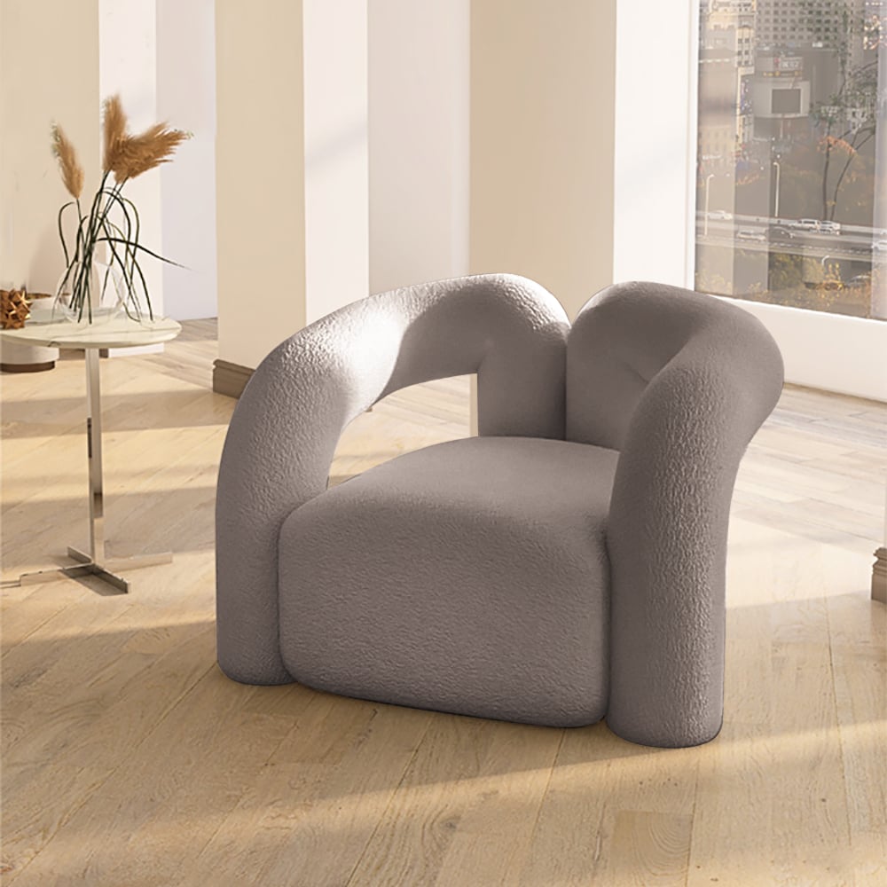 Japandi Gray Boucle Accent Chair Shaggy Armchair for Living Room