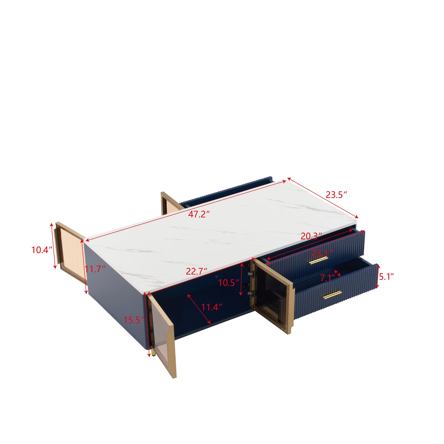 Modern Navy Blue Coffee Table with 2 Glass Door Storage, 4 Drawers, Gold Metal Legs, and Multi-Color Lighting in 47.2''