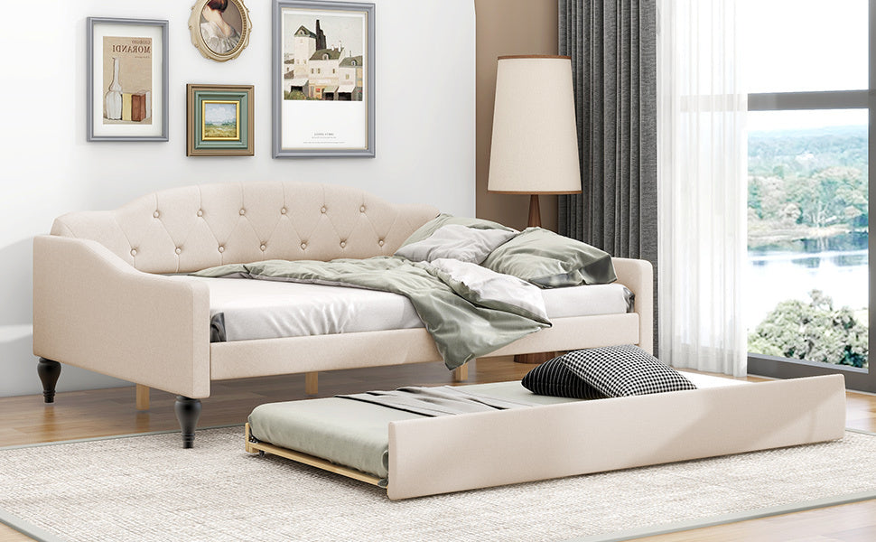 Lit de repos capitonné pleine taille avec lit gigogne simple, beige