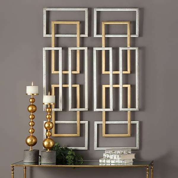 2 Pieces Big Metal Wall Decor Set Modern Gold & Silver Rectangle Art Living Room Bedroom