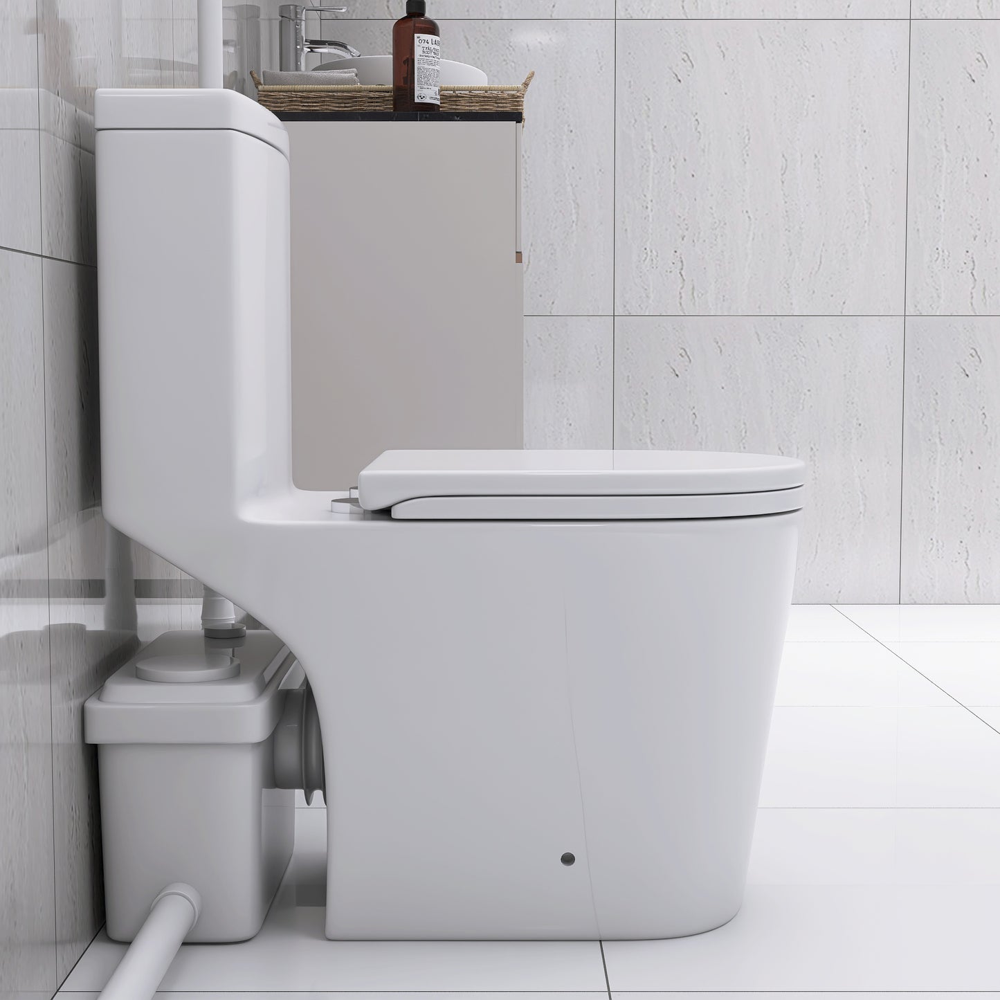 Upflush Toilet For Basement, 600W Macerating Toilet System With Powerful Dual Flush, Elongated 17.25 ADA Comfort, Soft-Close Seat, 3 Water Inlets Connect to Sink, Shower, White