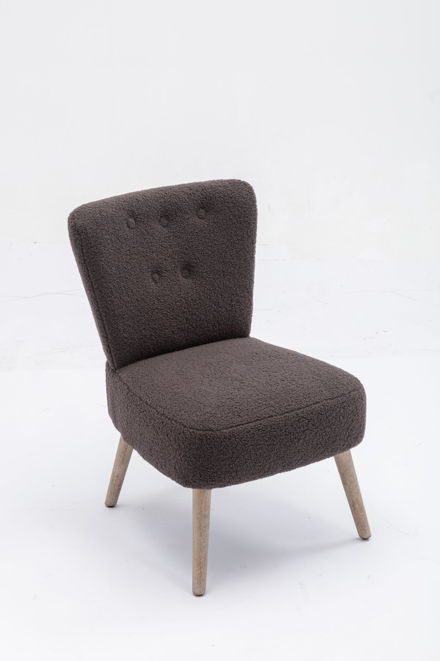 Chaise pantoufle à boutons en tissu Teddy avec pieds en bois pour salle à manger, salon, chambre à coucher, gris foncé