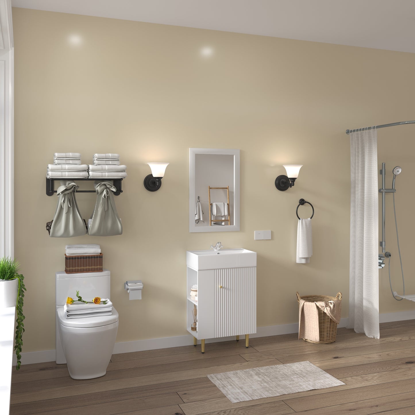 Meuble de salle de bain à étagères ouvertes de 21,6 po avec évier en céramique, armoire de rangement à étagère ouverte pour vestiaire, comptoir en céramique blanche avec porte à fermeture douce sur le côté droit, 23VB06-21WHR