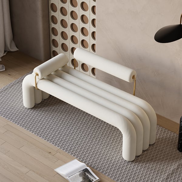 Modern White&Green&Brown Line Tufted Bench Velvet Upholstered Entryway Bench in Gold Finish#White
