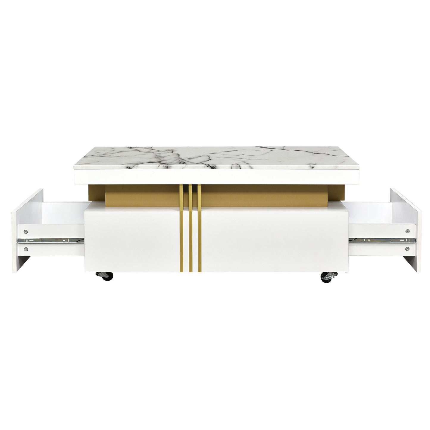 [VIDÉO fournie] Table basse contemporaine ON-TREND avec plateau en faux marbre, table de cocktail rectangulaire avec roulettes, table centrale de luxe modéré avec barres en métal doré pour le salon, blanc