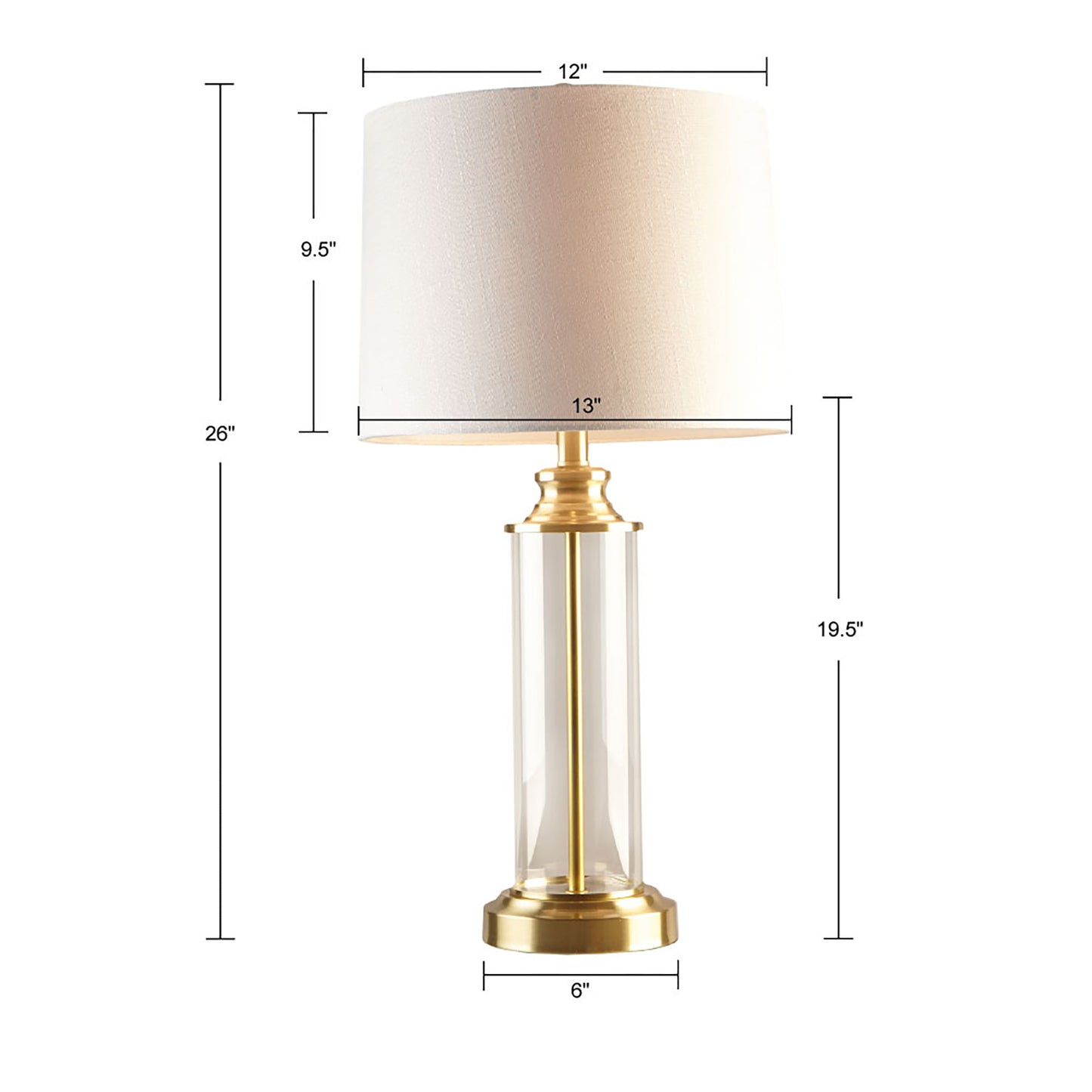 Clarity Glass Cylinder Table Lamps – Elegant Gold Finish with Off-White Drum Shades Set of 2 for Living Room and Bedroom Decor