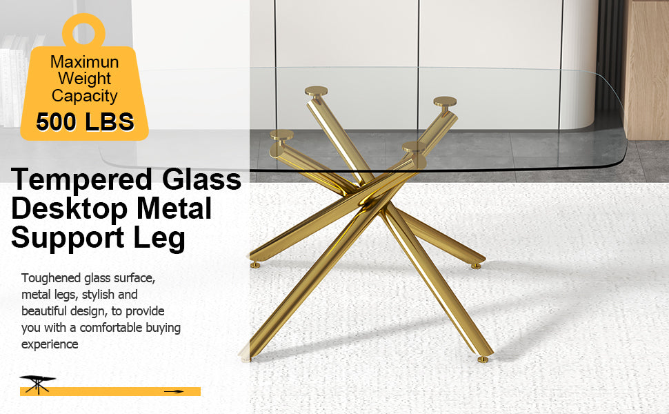 Large Modern Minimalist Rectangular Glass Dining Table with 0.39" Tempered Glass Top and Gilded Metal Legs for Kitchen, Dining Room, Living Room, Meeting Room, Ballroom 71" x 35.4" x 30".