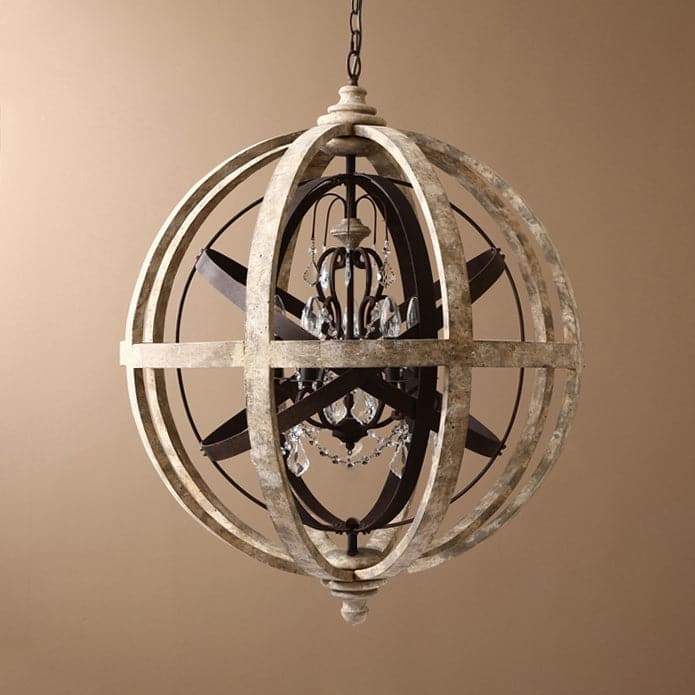 5-Light Retro Globe Weathered Wood Chandelier with Crystal Accents