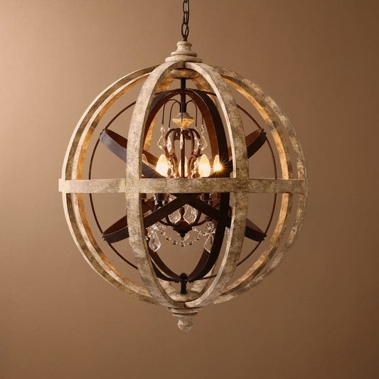 5-Light Retro Globe Weathered Wood Chandelier with Crystal Accents