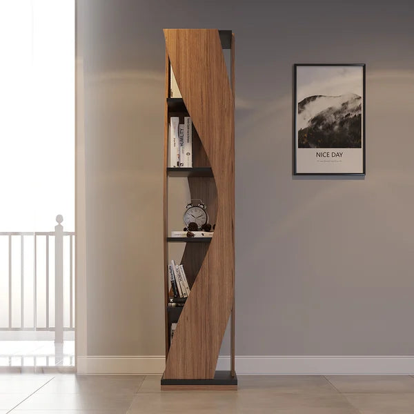 5-Tier Geometric Bookshelf Curved Shape Industrial Bookcase in Walnut & Black Rotating