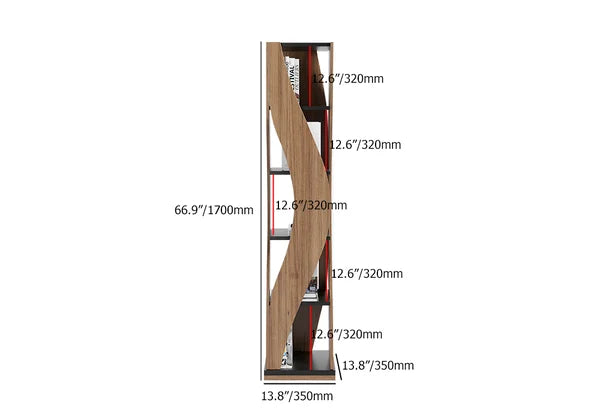 Bibliothèque industrielle à 5 niveaux géométriques de forme incurvée en noyer et noir rotatif