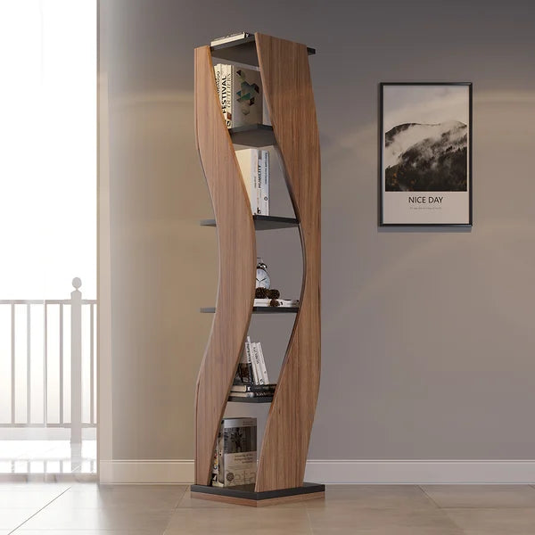 5-Tier Geometric Bookshelf Curved Shape Industrial Bookcase in Walnut & Black Rotating