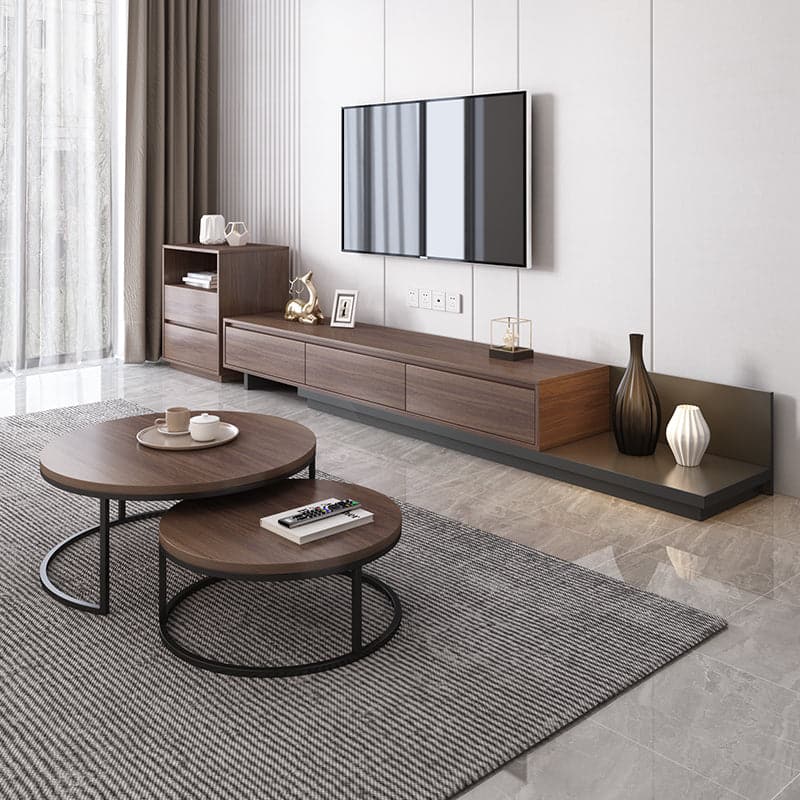 Minimalist Retracted & Extendable 3 Drawers TV Stand in Walnut and Gray Up to 120 Inch