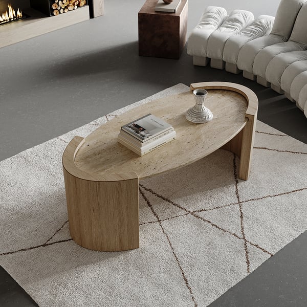 42" Japandi Travertine Coffee Table with Oval Beige Stone Top