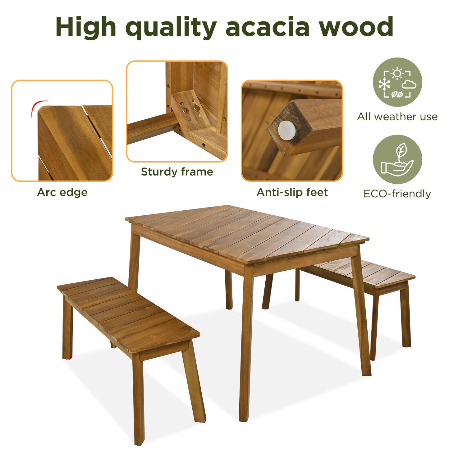 GO Ensemble de salle à manger 3 pièces en bois d'acacia pour mobilier d'extérieur et d'intérieur avec 2 bancs, table de pique-nique à bière pour terrasse, porche, jardin, bord de piscine, naturel