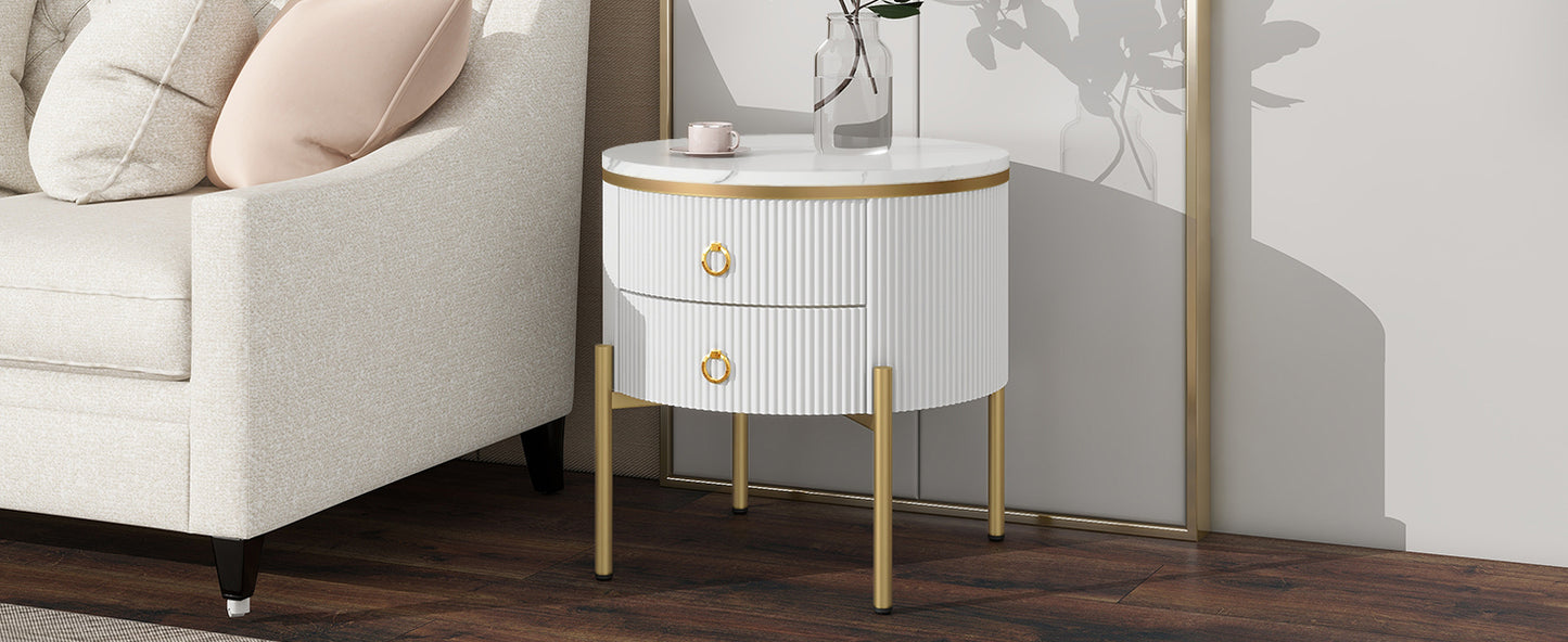 ON-TREND Φ19.6'' Easy Assembly Round End Table with Storage Drawers, Fluted Nightstand with High Gloss Faux Marble Tabletop, Modern Coffee Table with Metal Legs and Handles for Living Room, White