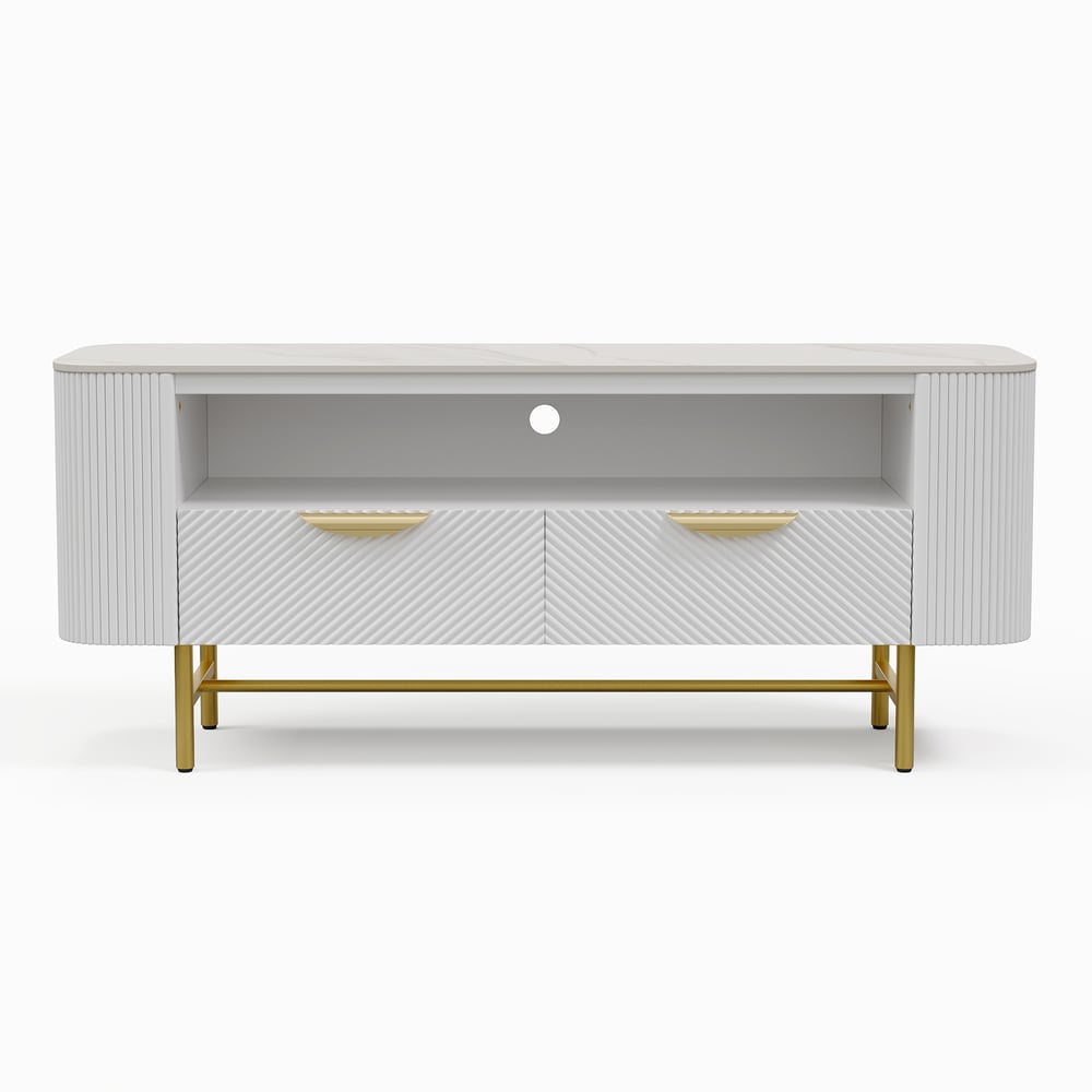 50" White Sintered Stone Top Fluted TV Stand with Storage