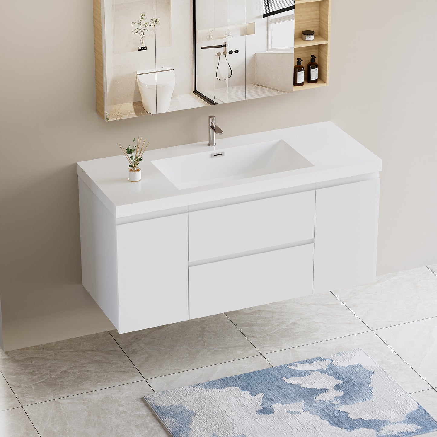 48" Floating Bathroom Vanity with Sink, Modern Wall-Mounted Bathroom Storage Vanity Cabinet with Resin Top Basin and Soft Close Drawers, Glossy White