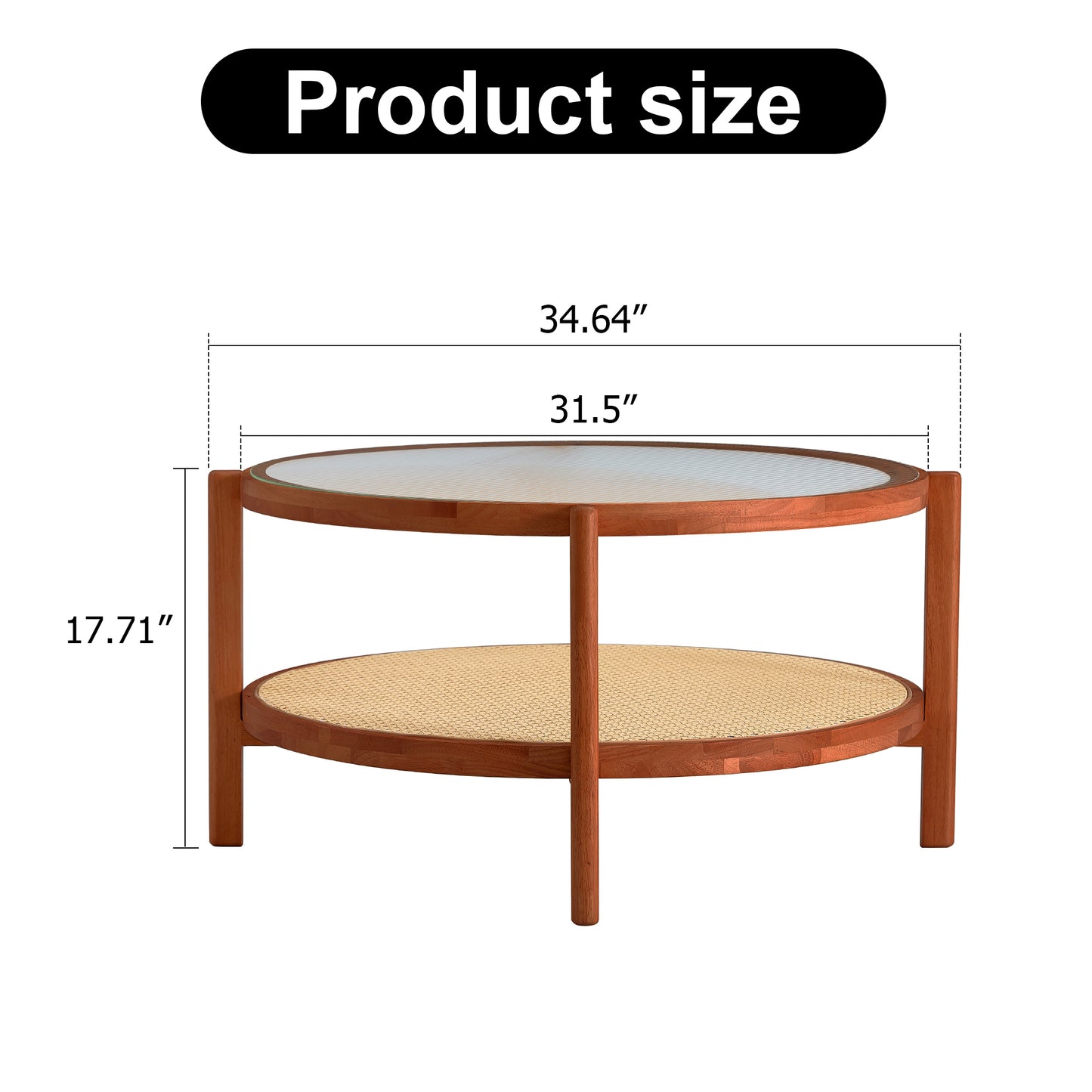 Modern Minimalist Circular Coffee Table - Double-Layer Solid Wood Design with Craft Glass Top and PE Rattan