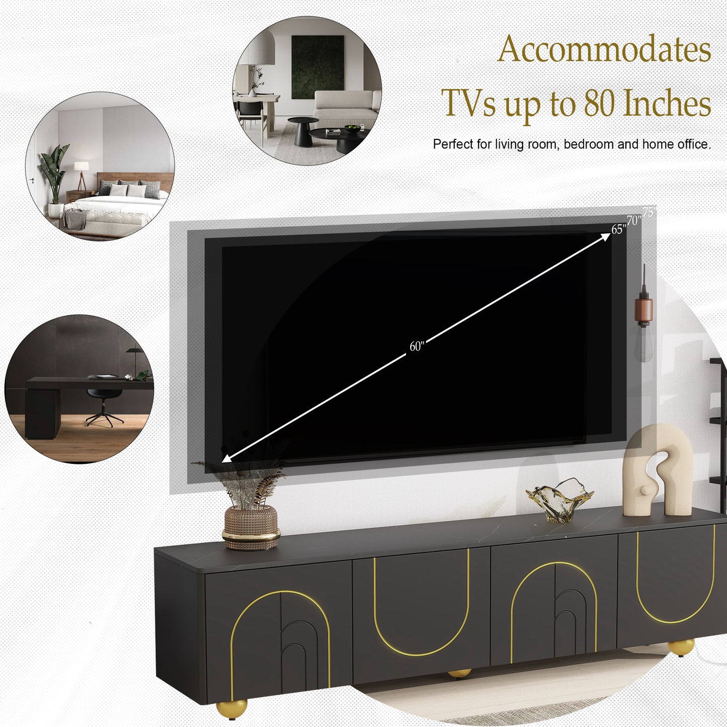 U-Can Modern TV Stand for TVs up to 75 Inches, Entertainment Center with Storage Cabinets and 1 Adjustable Shelf, Media Console with Marble-patterned Top and Golden Round Metal Legs for Living room