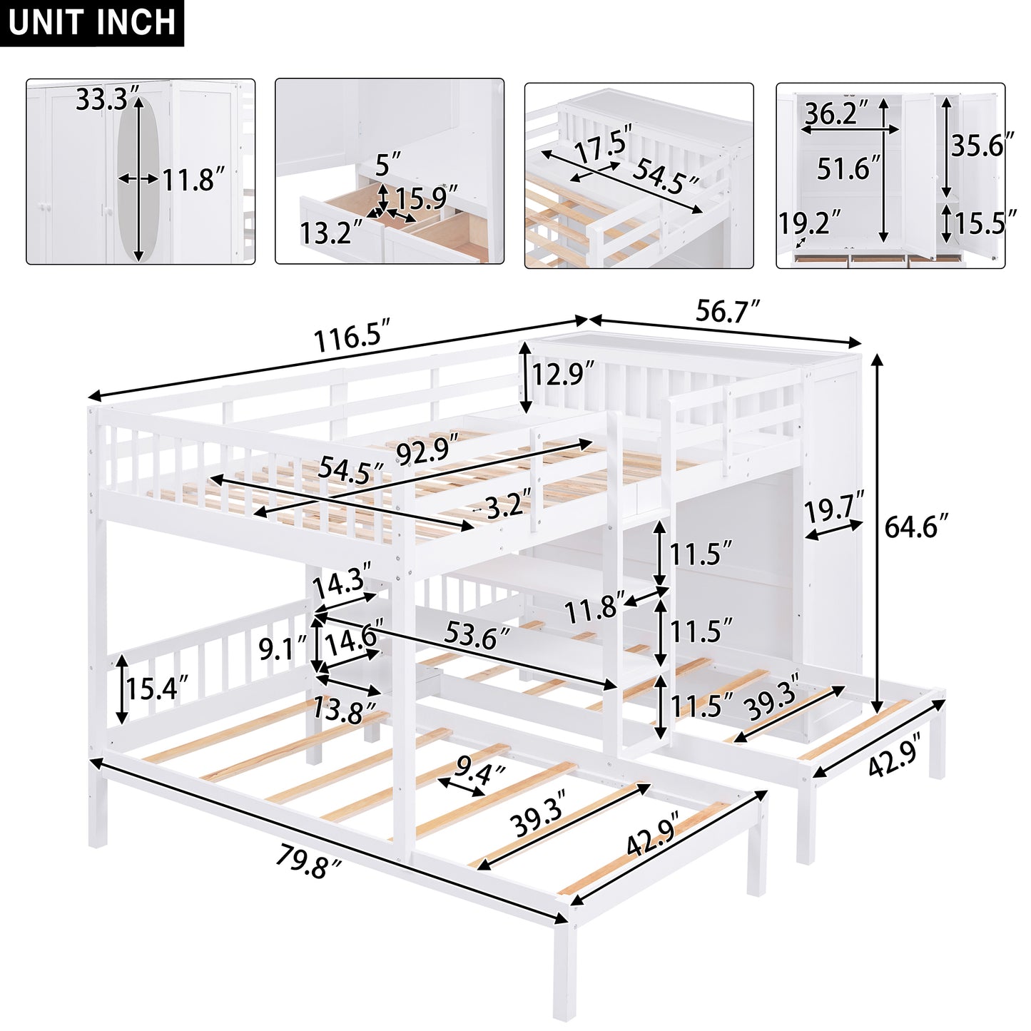 Lit superposé double avec étagères, armoire et miroir, blanc