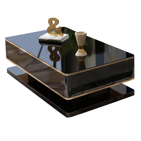 Table basse moderne rectangulaire noire de 51 po avec rangement, plateau en verre trempé à 4 tiroirs