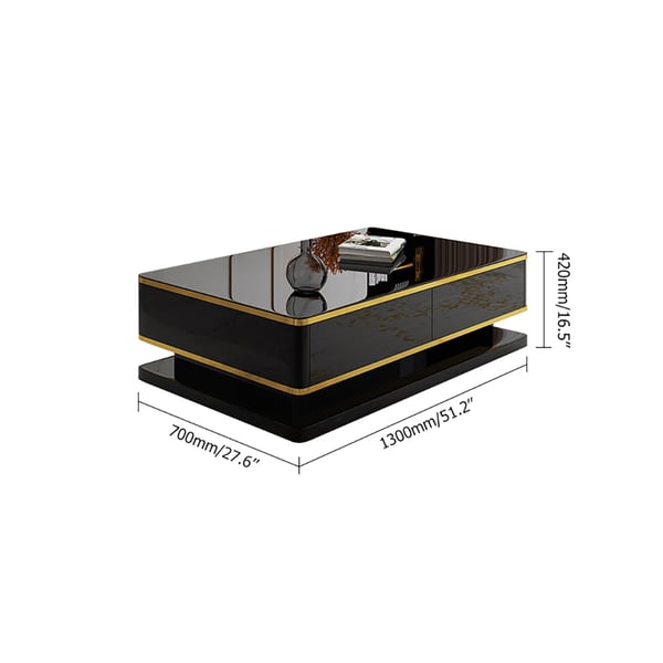 Table basse moderne rectangulaire noire de 51 po avec rangement, plateau en verre trempé à 4 tiroirs