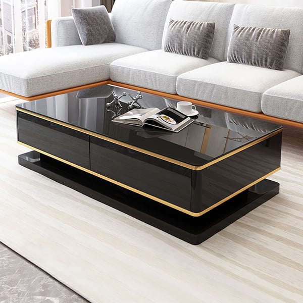 Table basse moderne rectangulaire noire de 51 po avec rangement, plateau en verre trempé à 4 tiroirs