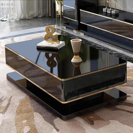 Table basse moderne rectangulaire noire de 51 po avec rangement, plateau en verre trempé à 4 tiroirs