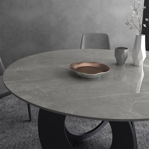 51" Round Gray Dining Table with Stone Top & Carbon Steel Base