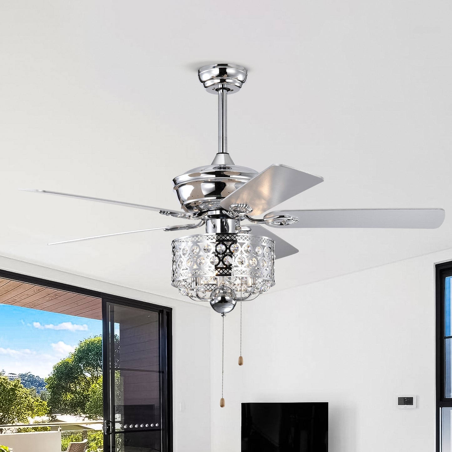 Chrome 52" Ceiling Fan with Reversible Motor - Indoor Use, Pull Chain Control (No Light Bulb)