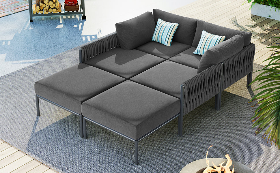 GO Ensemble de meubles de patio en aluminium 6 pièces, ensemble de conversation d'extérieur moderne en métal, canapé sectionnel avec coussins amovibles en oléfine très épais, coussin de 5,9 po, gris