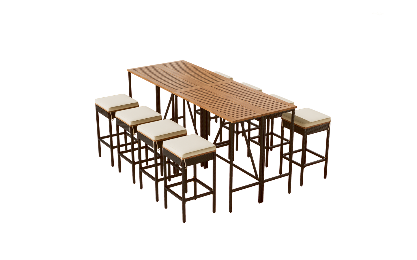 GO Table de bar d'extérieur en bois d'acacia 10 pièces et huit tabourets avec coussins, table de salle à manger de jardin en rotin PE, plateau pliable, ensemble bistro de salle à manger haute, meubles de patio toutes saisons, marron