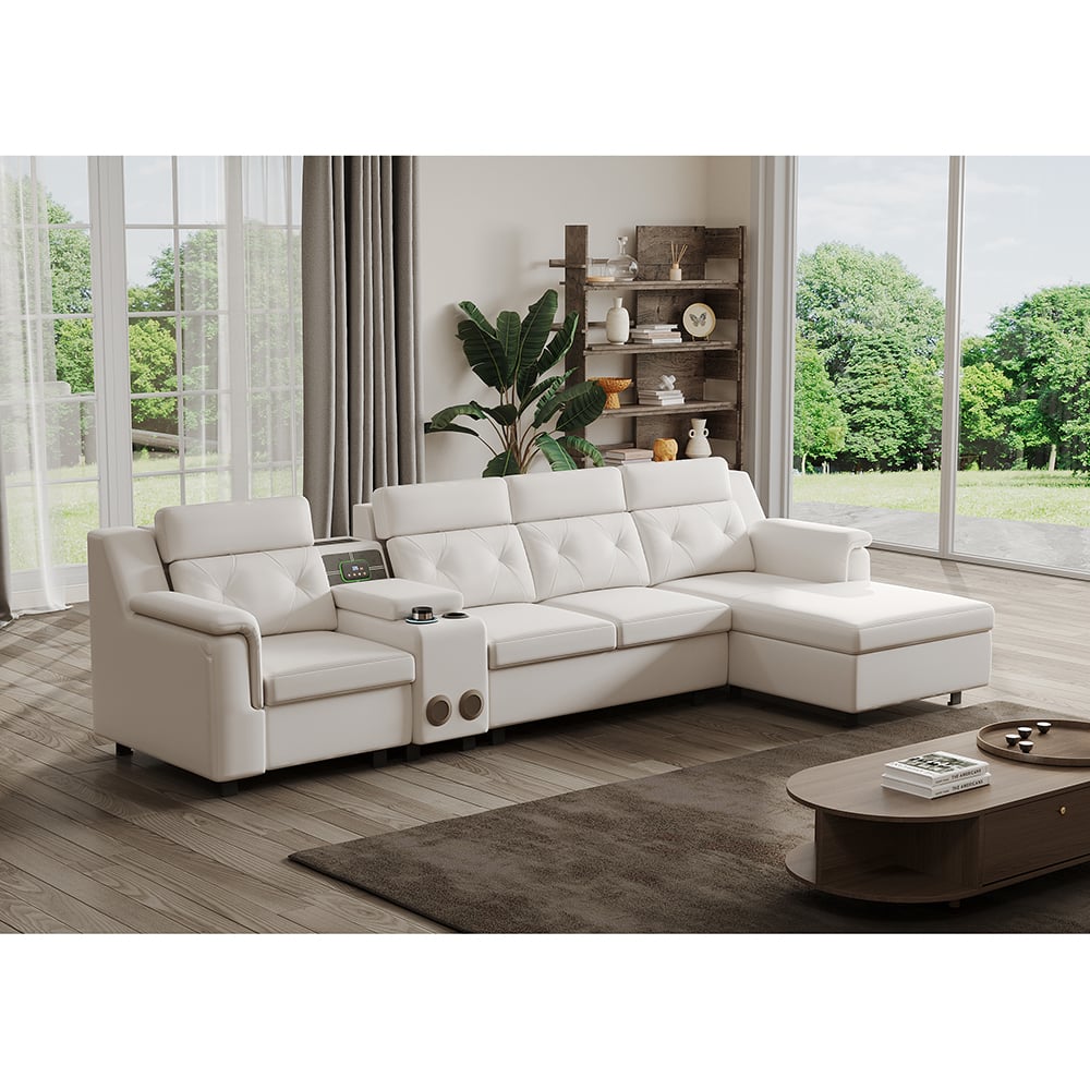 134.6" White Power Reclining Sectional Sofa Pull Out Bed Cup Holder & Speaker & Storage