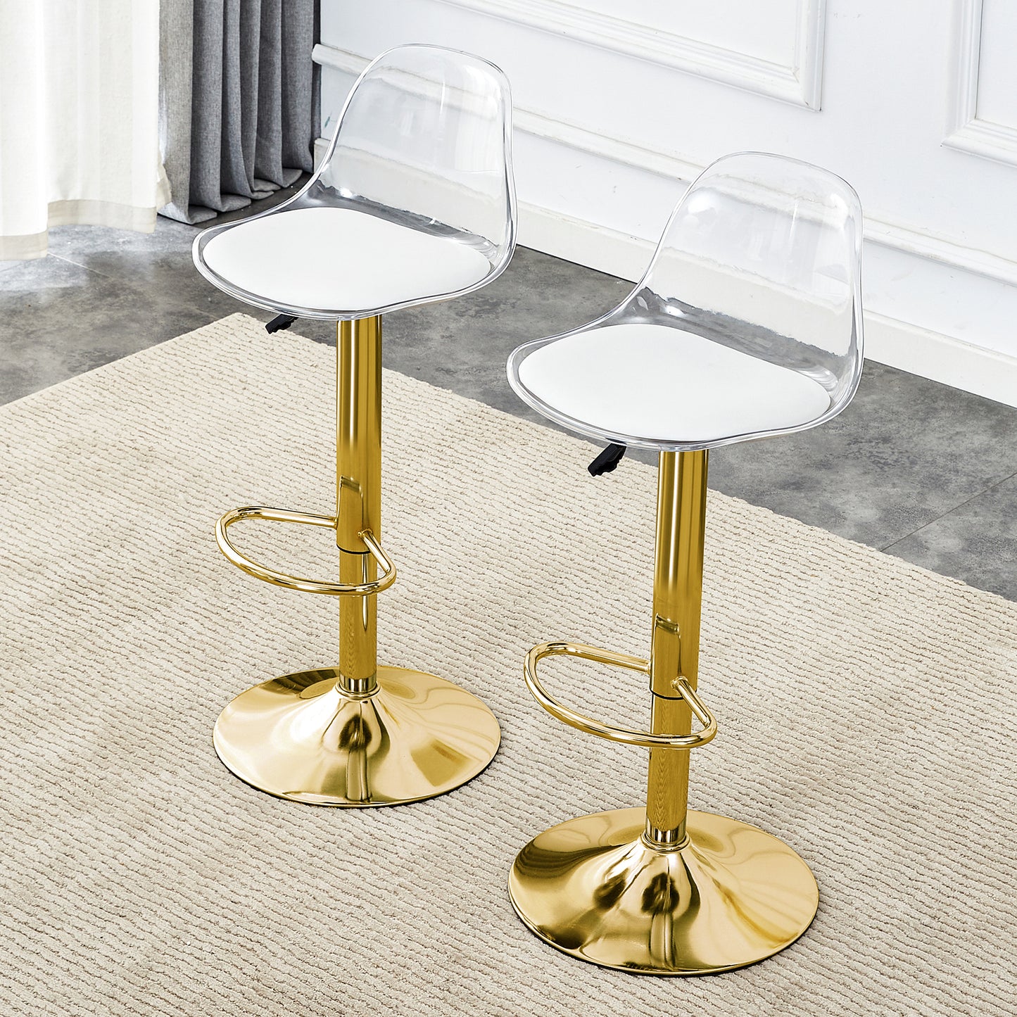 Modern minimalist bar chairs and bar stools. Can rotate 360 ° and adjust lifting. PET backrest and PU seats. Set of 2. Suitable for bars, restaurants, and front desk cashiers.