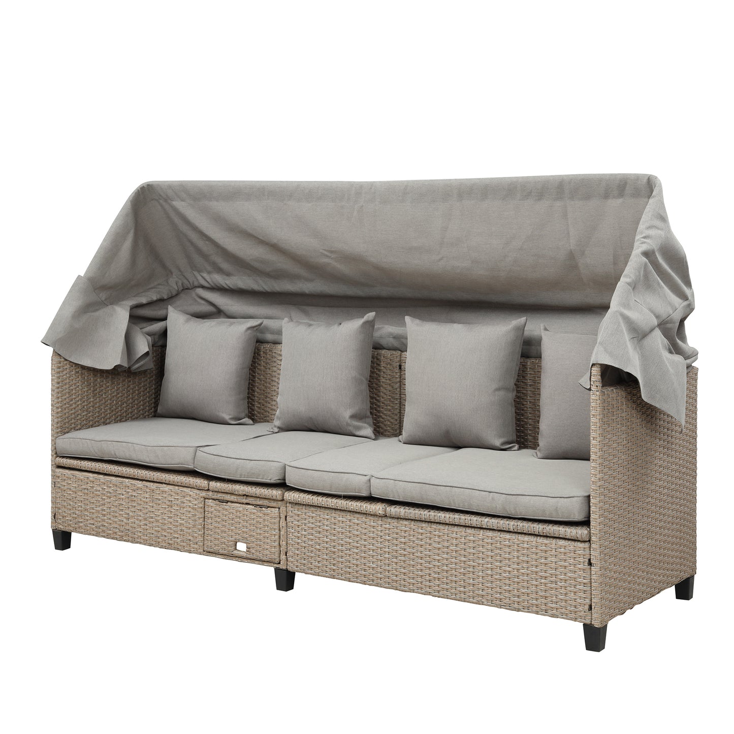 TOPMAX Ensemble de canapé de patio en osier en résine résistant aux UV 4 pièces avec auvent rétractable, coussins et table élévatrice, marron