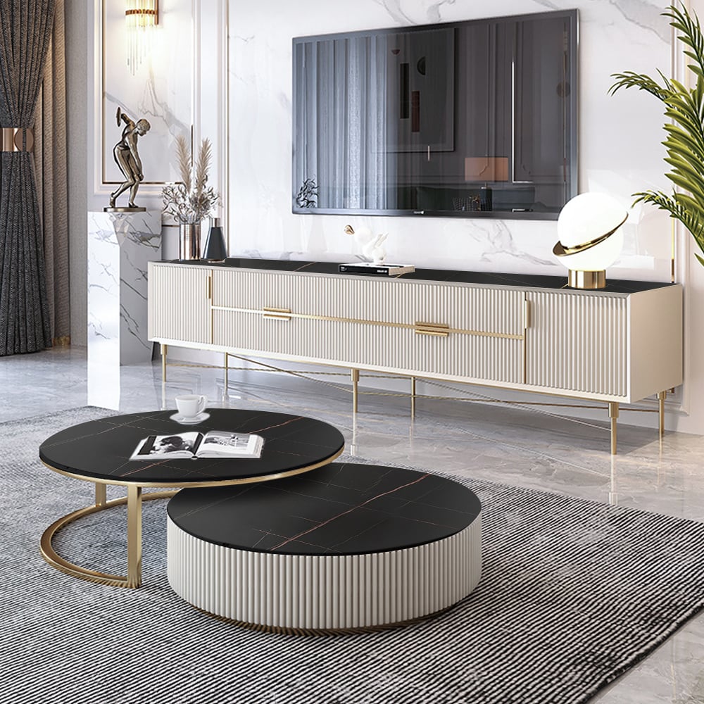 Set of 2 Round Sintered Stone Top Nesting Coffee Table with Drawer Black & Gold