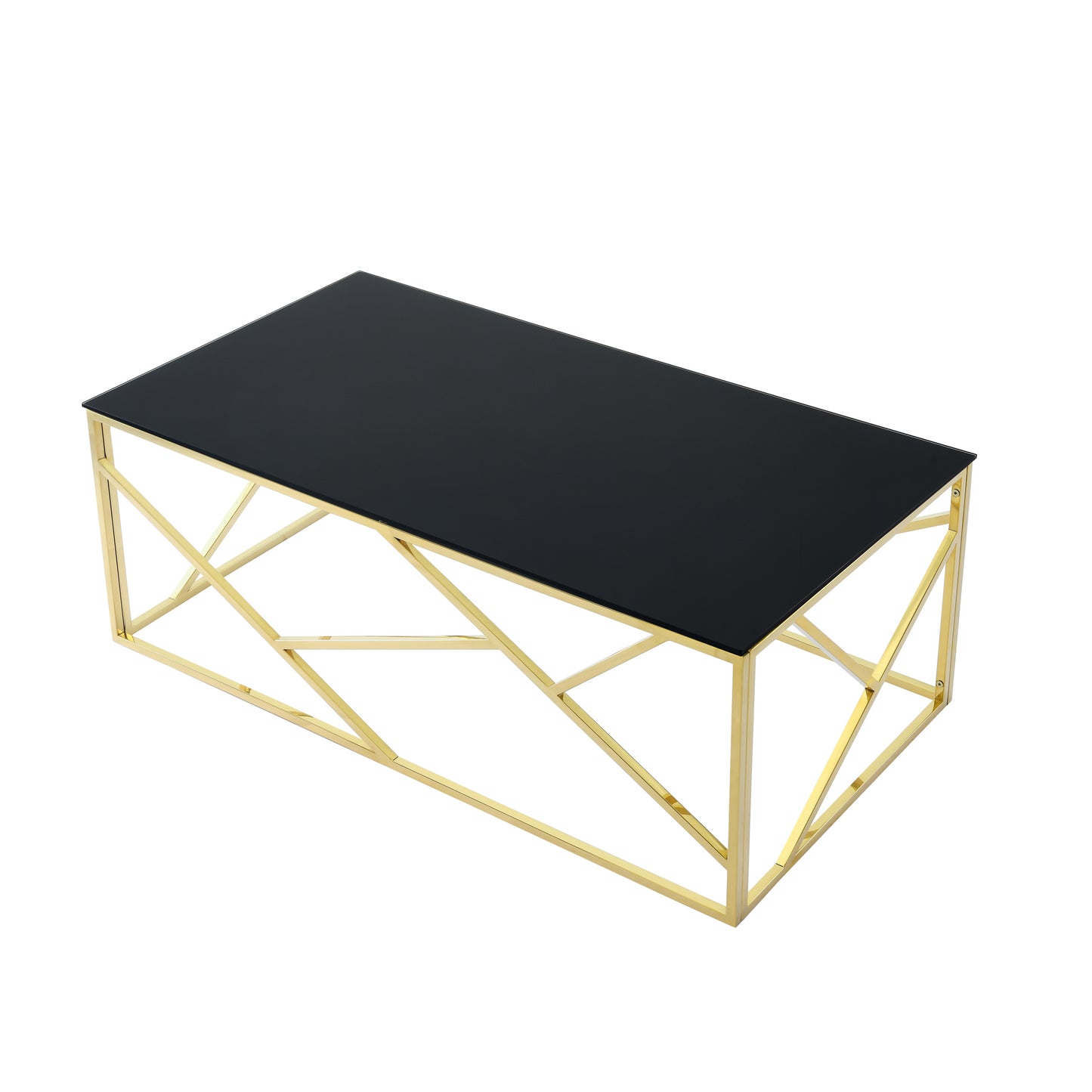 Modern Rectangular Coffee Accent Table - Black Tempered Glass Top with Gold Stainless Steel Frame for Living Room