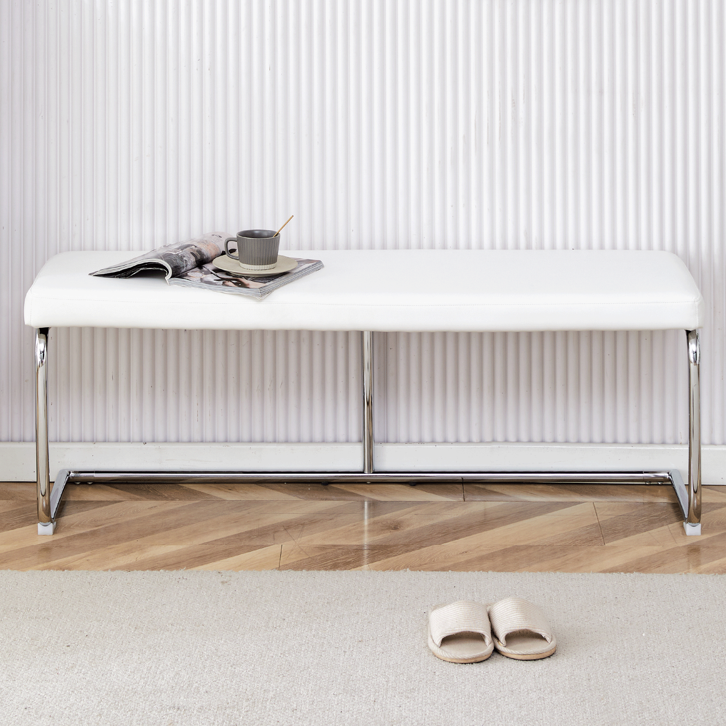 Versatile White Shoe Changing Stool with Silver Metal Legs Multi-Purpose for Entryway and Bedroom