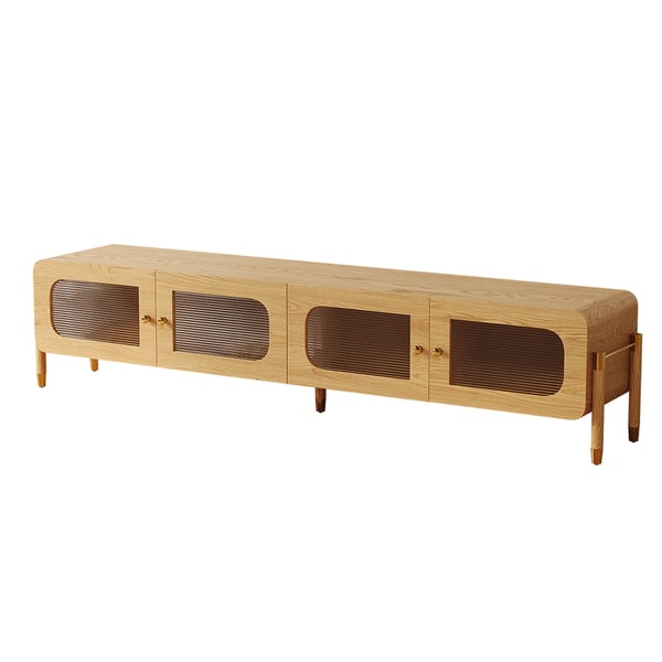 Meuble TV en bois naturel et acrylique de 78 pouces, console multimédia moderne rectangulaire en acier inoxydable