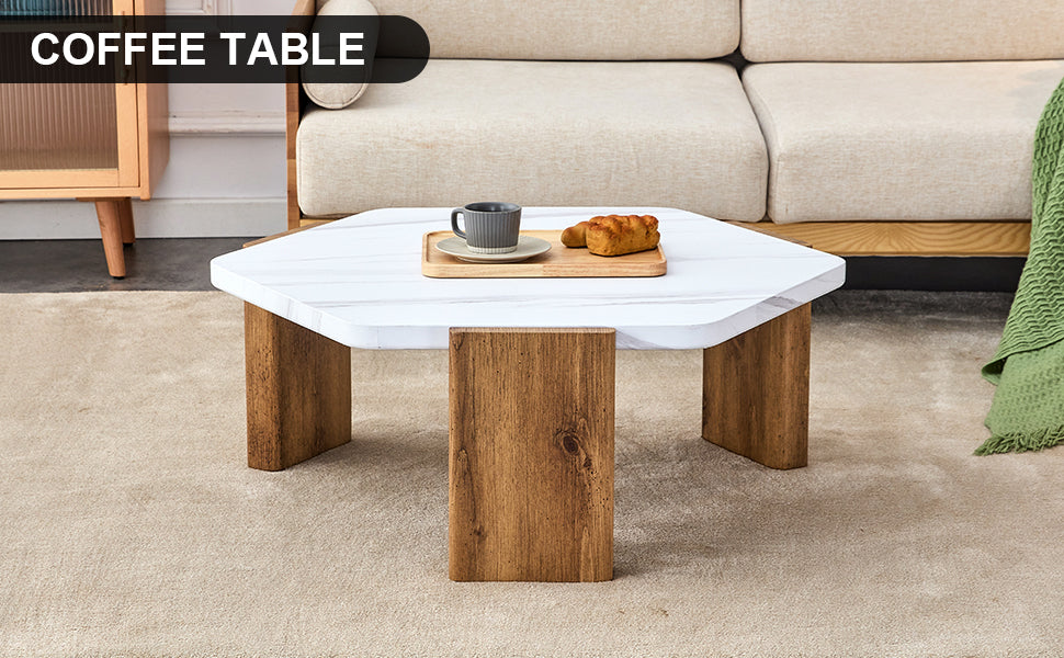 Stylish MDF Coffee Table - White Tabletop with Wooden Legs, Ideal for Living Spaces and Guest Rooms