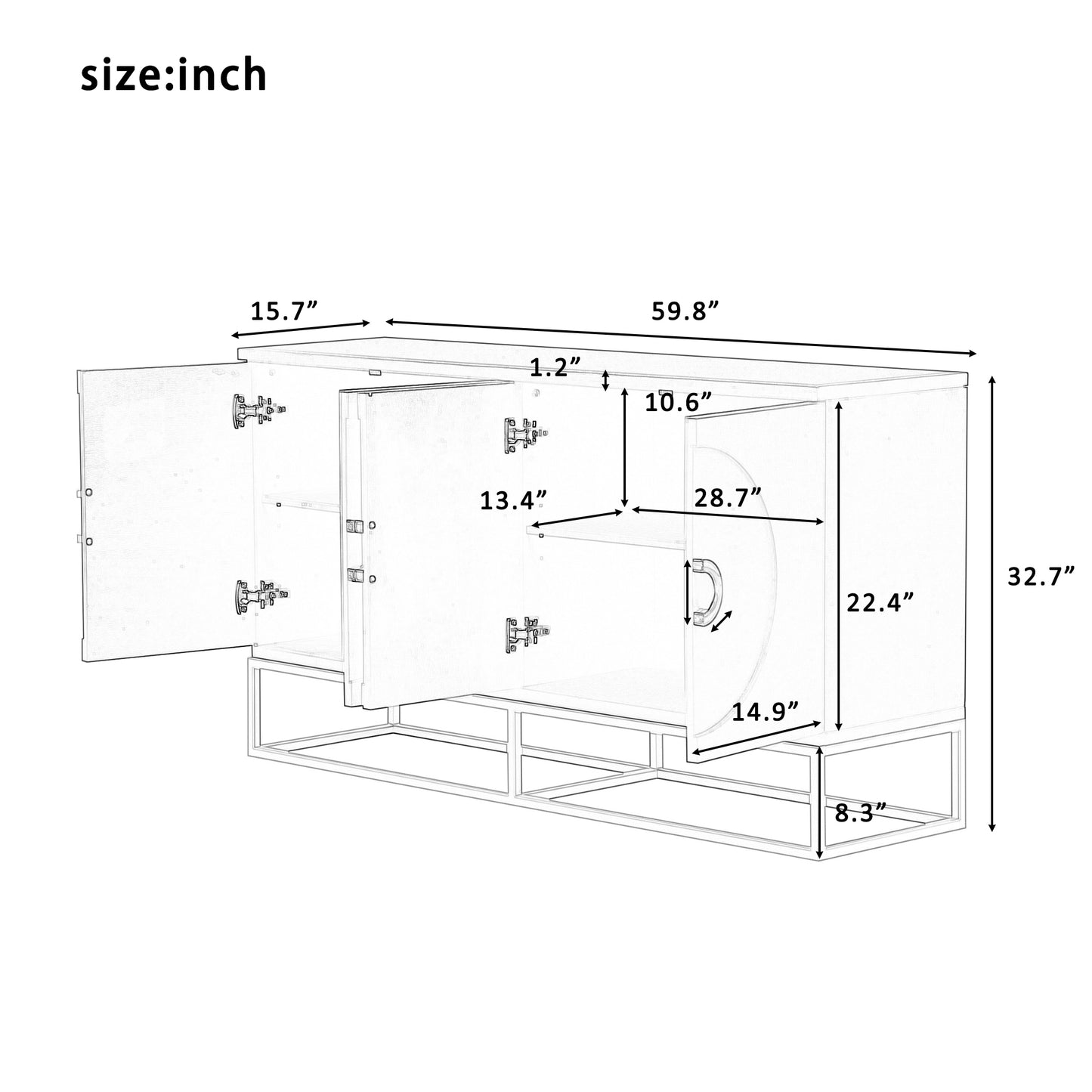 U_Style Four-Door Metal Handle Storage Cabinet, Adjustable Shelves, Suitable for Corridor, Entrance, Living Room, Study