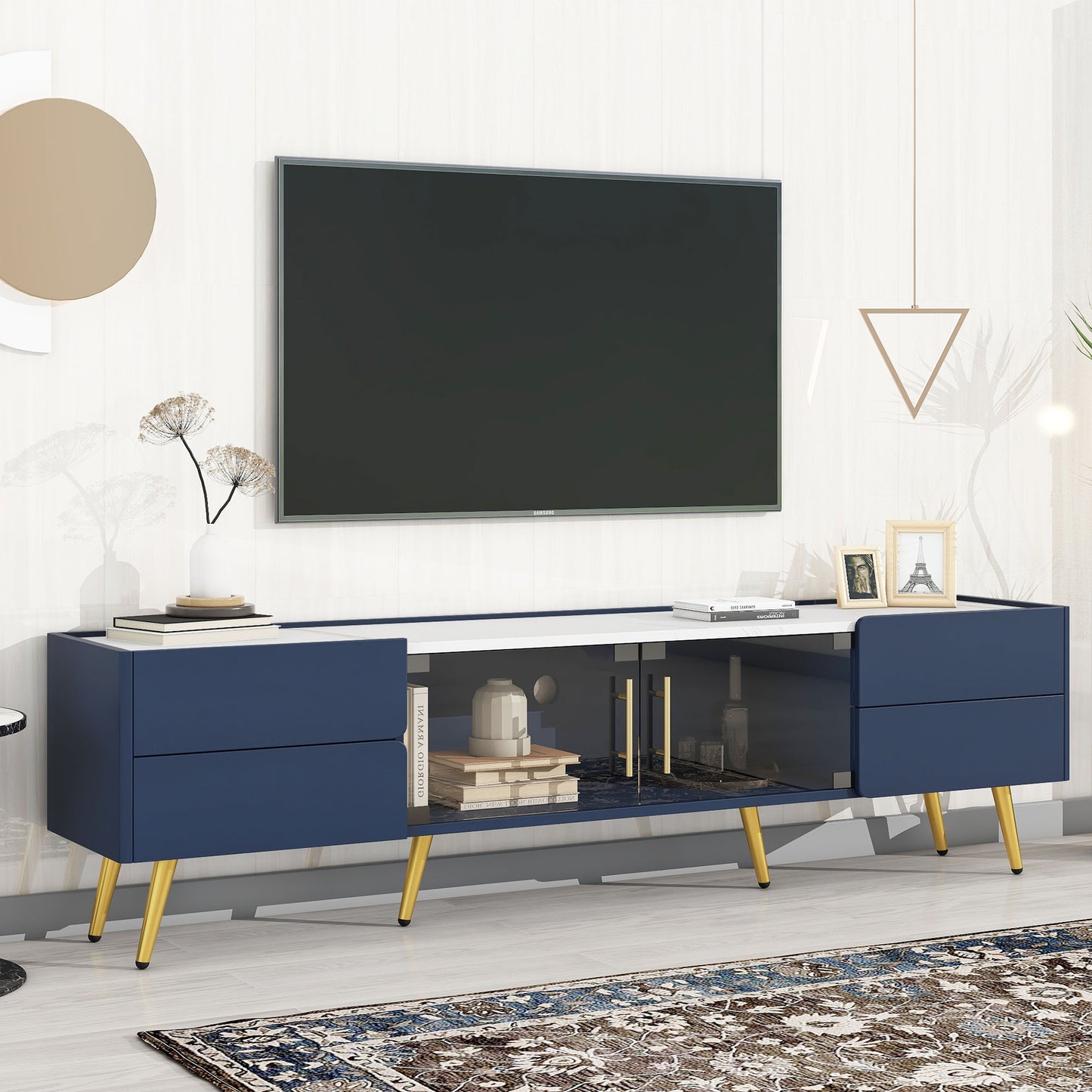 U-Can Modern TV Stand with LED lights for TVs up to 80 Inches, Entertainment Center with 4 Drawers and 1 Cabinet with Brown Glass Door, Media Console with Metal Legs and Handles for Living room