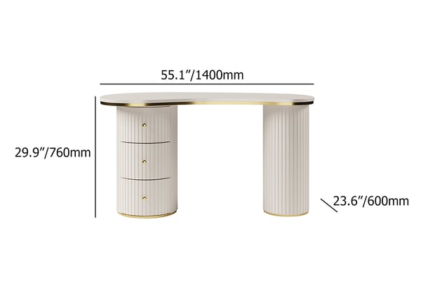 Bureau incurvé moderne blanc cassé de 55,1 pouces, bureau à domicile en bois à 3 tiroirs, double piédestal